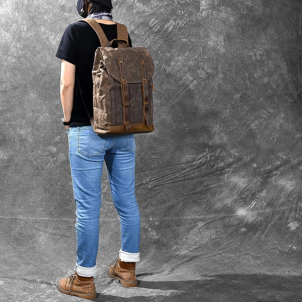Waxed Canvas Leather Mens 15" Gray Computer Backpack Brown Travel Backpack College Backpack for Men