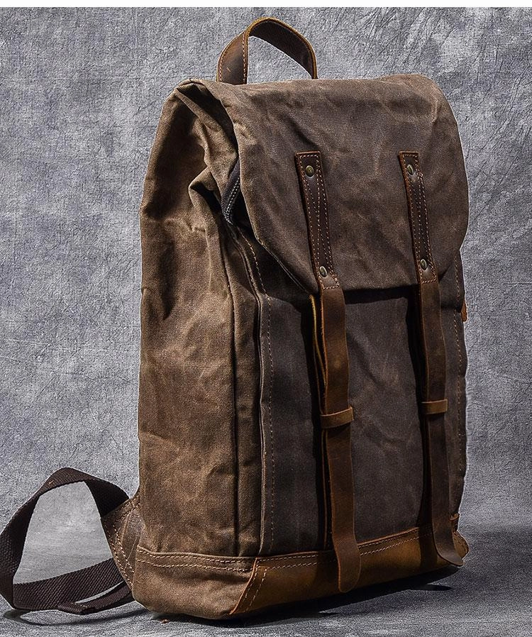 Waxed Canvas Leather Mens 15" Gray Computer Backpack Brown Travel Backpack College Backpack for Men