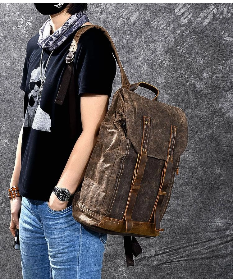 Waxed Canvas Leather Mens 15" Gray Computer Backpack Brown Travel Backpack College Backpack for Men