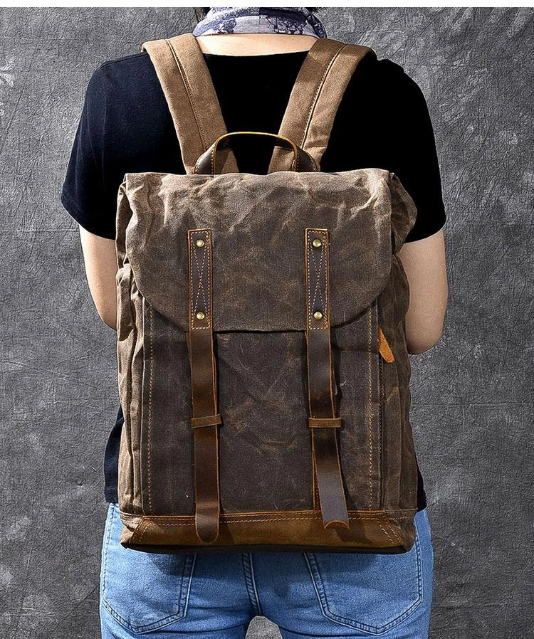 Waxed Canvas Leather Mens 15" Gray Computer Backpack Brown Travel Backpack College Backpack for Men