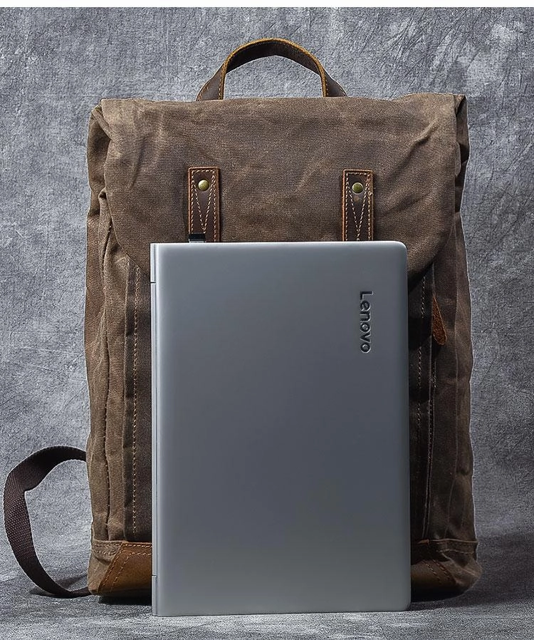 Waxed Canvas Leather Mens 15" Gray Computer Backpack Brown Travel Backpack College Backpack for Men