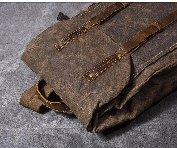 Waxed Canvas Leather Mens 15" Gray Computer Backpack Brown Travel Backpack College Backpack for Men