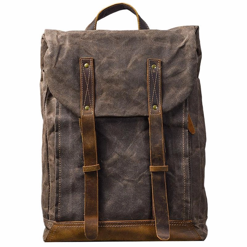 Waxed Canvas Leather Mens 15" Gray Computer Backpack Brown Travel Backpack College Backpack for Men