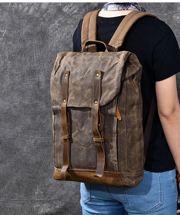 Waxed Canvas Leather Mens 15" Gray Computer Backpack Brown Travel Backpack College Backpack for Men