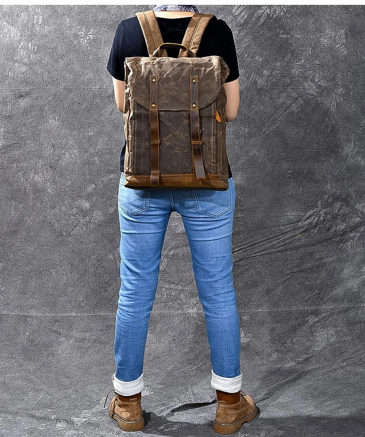 Waxed Canvas Leather Mens 15" Gray Computer Backpack Brown Travel Backpack College Backpack for Men