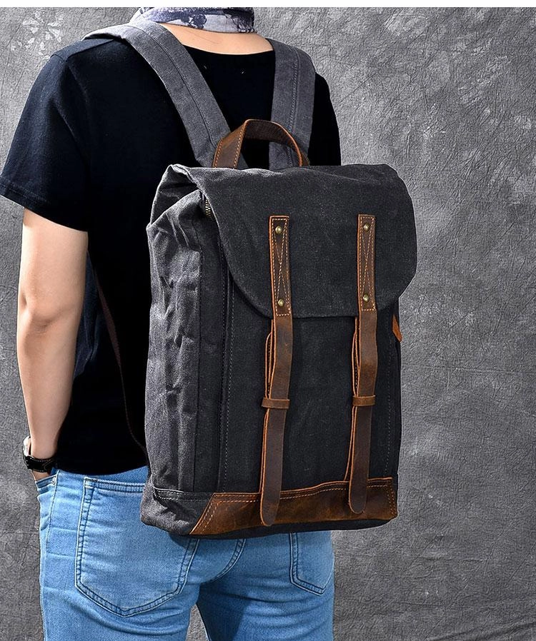 Waxed Canvas Leather Mens 15" Gray Computer Backpack Brown Travel Backpack College Backpack for Men