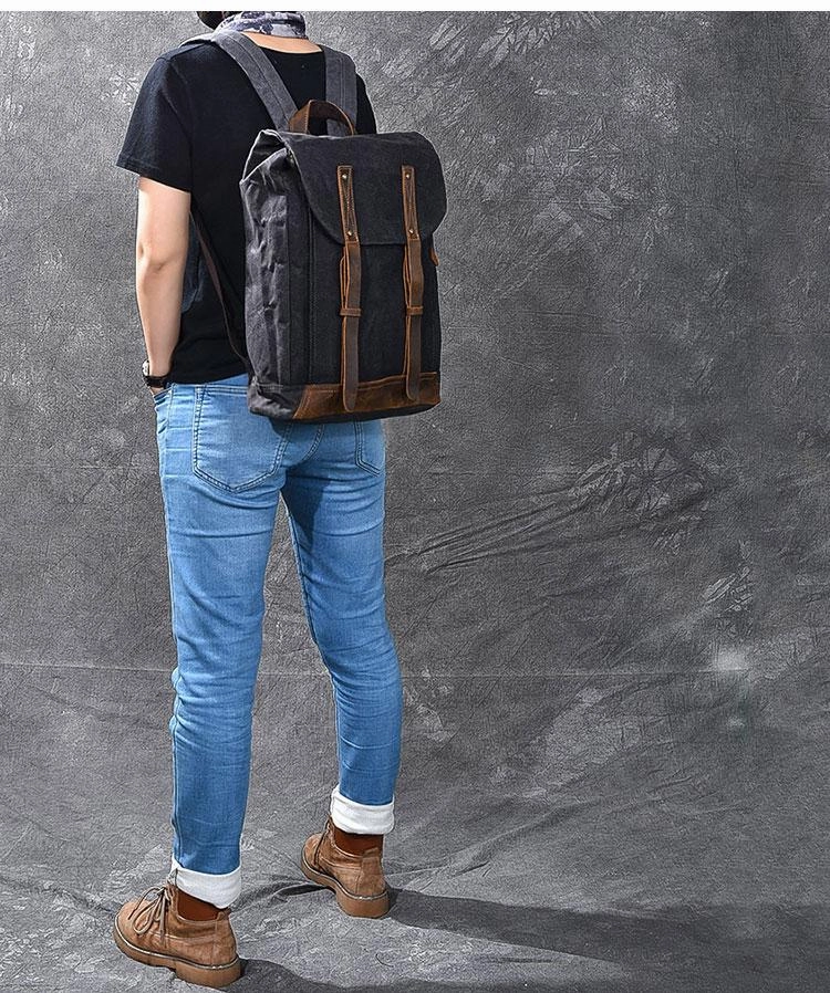 Waxed Canvas Leather Mens 15" Gray Computer Backpack Brown Travel Backpack College Backpack for Men
