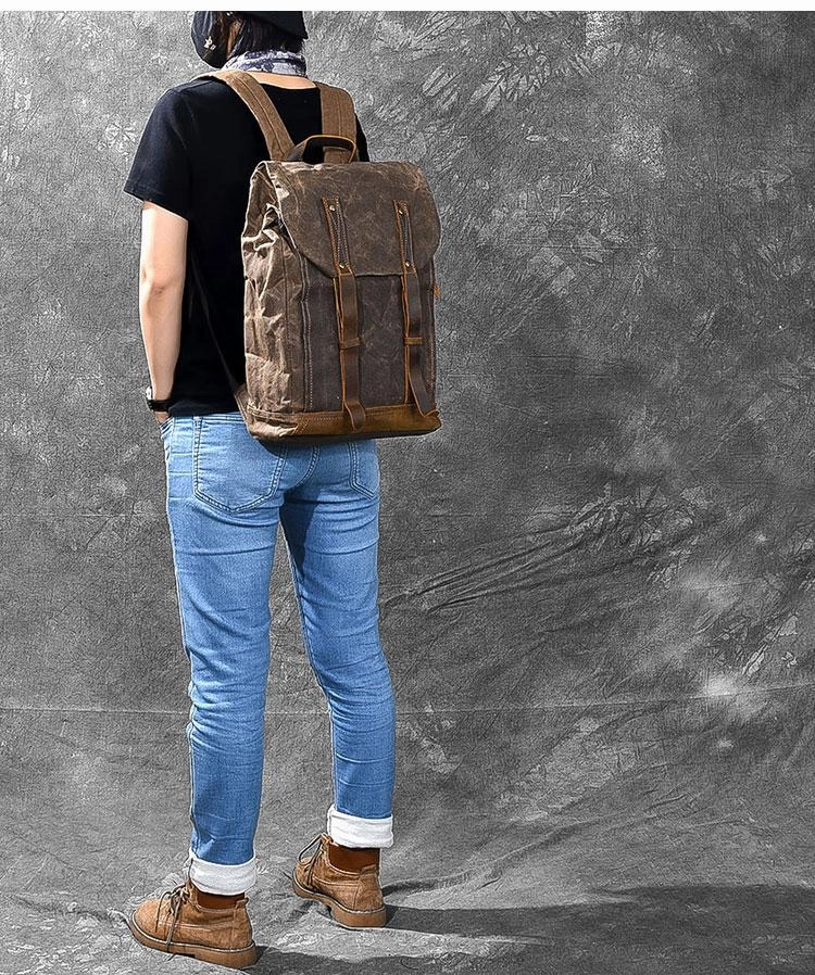 Waxed Canvas Leather Mens 15" Gray Computer Backpack Brown Travel Backpack College Backpack for Men