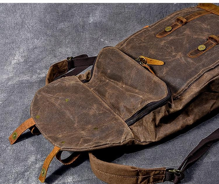 Waxed Canvas Leather Mens 15" Gray Computer Backpack Brown Travel Backpack College Backpack for Men