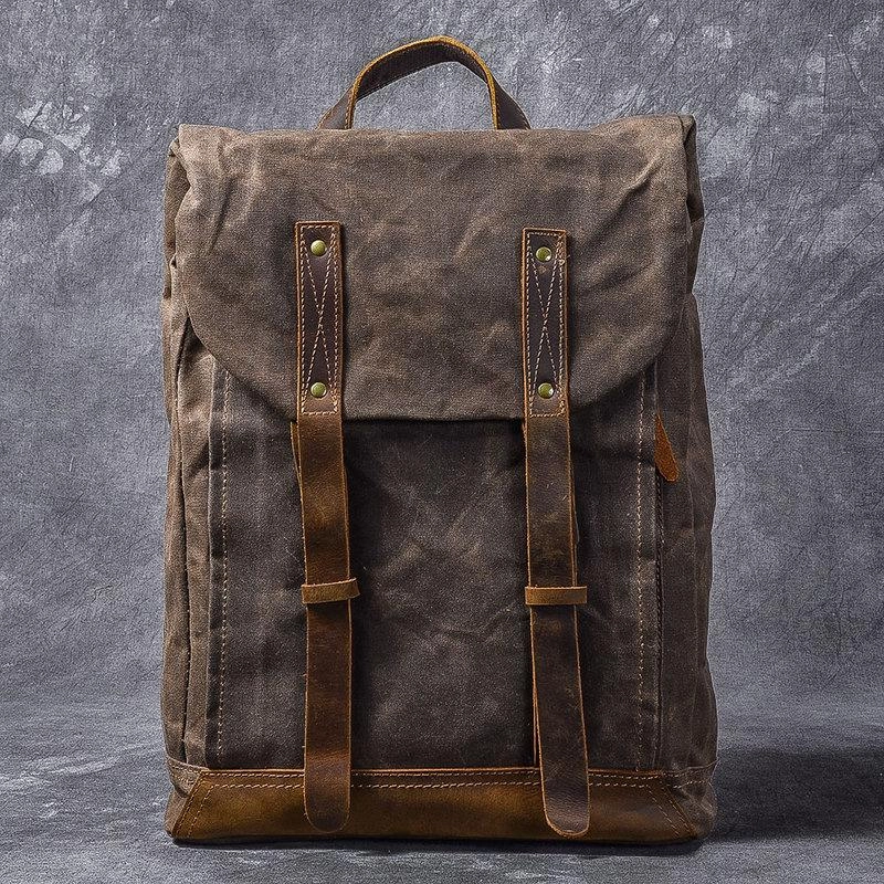 Waxed Canvas Leather Mens 15" Gray Computer Backpack Brown Travel Backpack College Backpack for Men