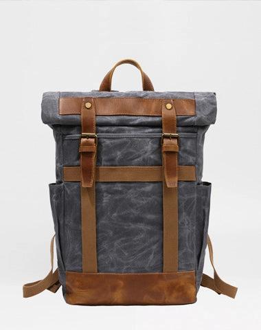 Waxed Canvas Leather Mens Waterproof Black Travel Backpack 15'' Green Computer Hiking Backpack for Men