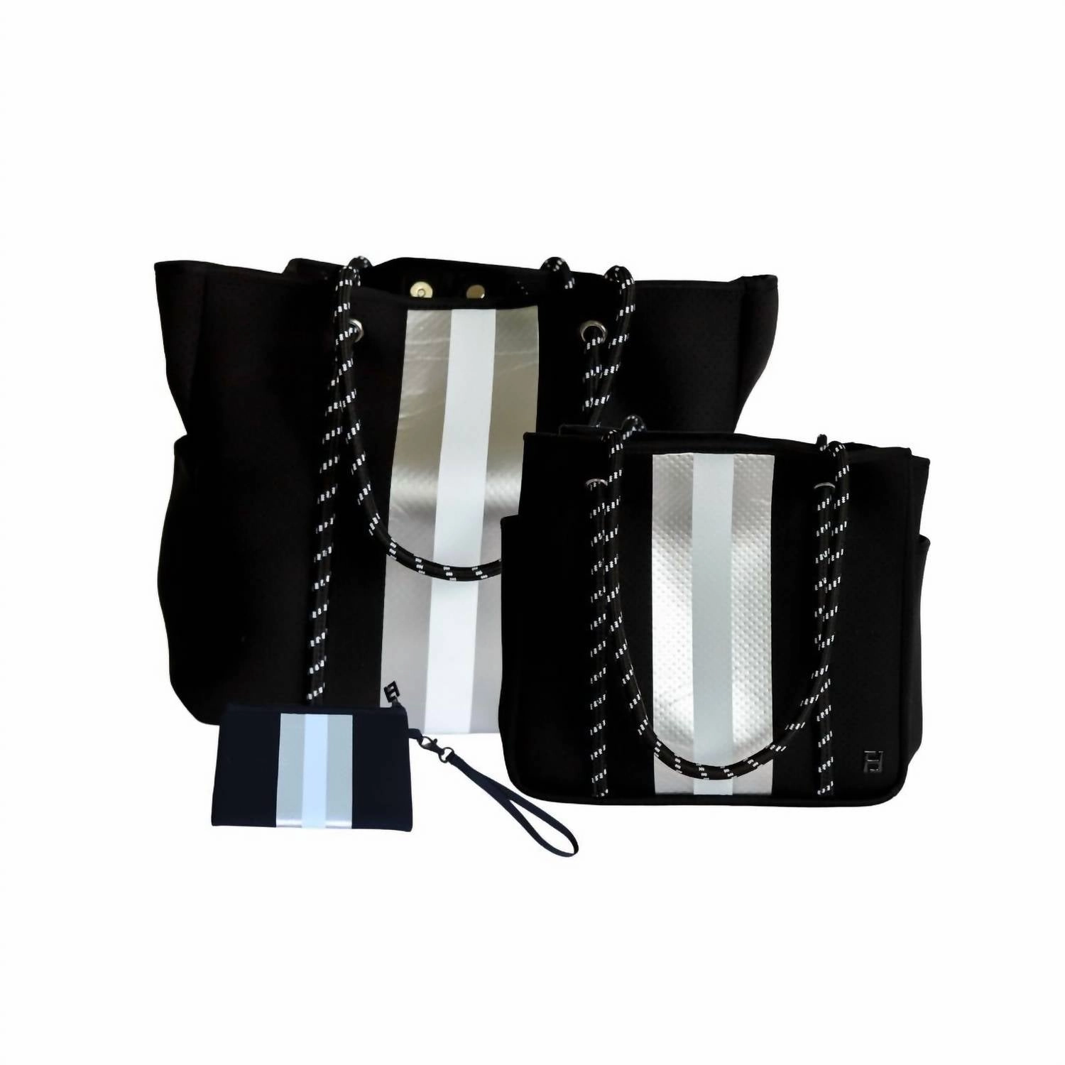 Women Courtside Small Tote Bag In Black With Silver Nad Whie Stripes