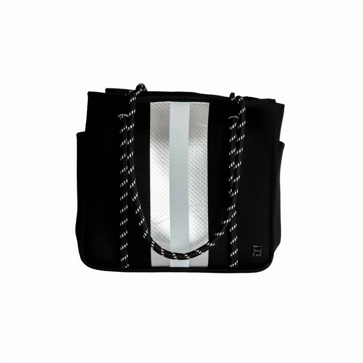 Women Courtside Small Tote Bag In Black With Silver Nad Whie Stripes