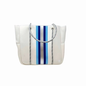 Women Courtside Small Tote Bag In White With Silver And Blue Stripes