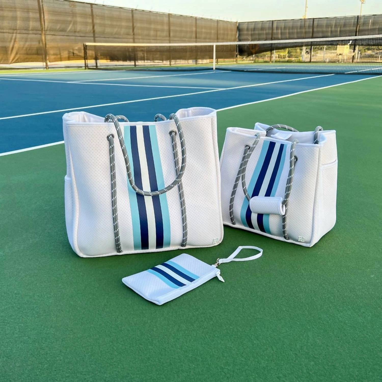 Women Courtside Small Tote Bag In White With Silver And Blue Stripes