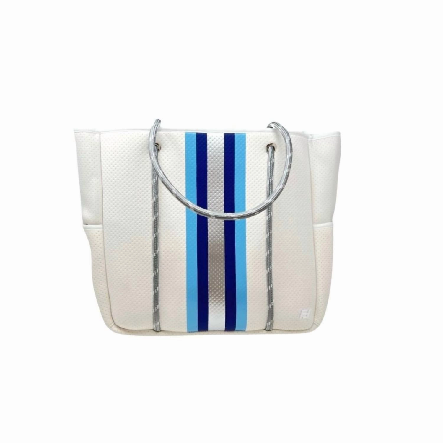 Women Courtside Small Tote Bag In White With Silver And Blue Stripes