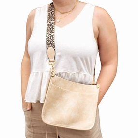 Women's Crossbody Bag With Leopard Canvas Strap In Creamy Beige