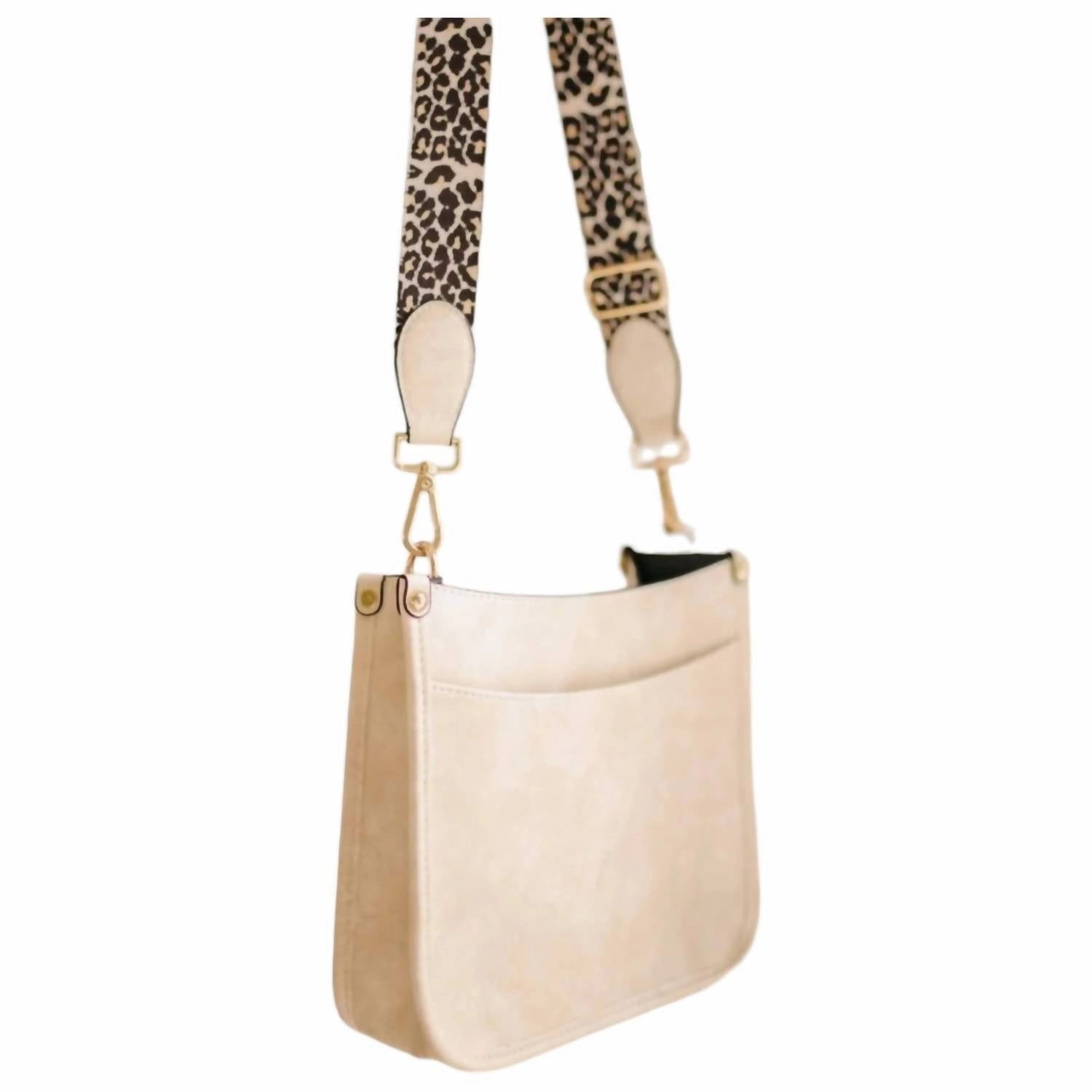 Women's Crossbody Bag With Leopard Canvas Strap In Creamy Beige