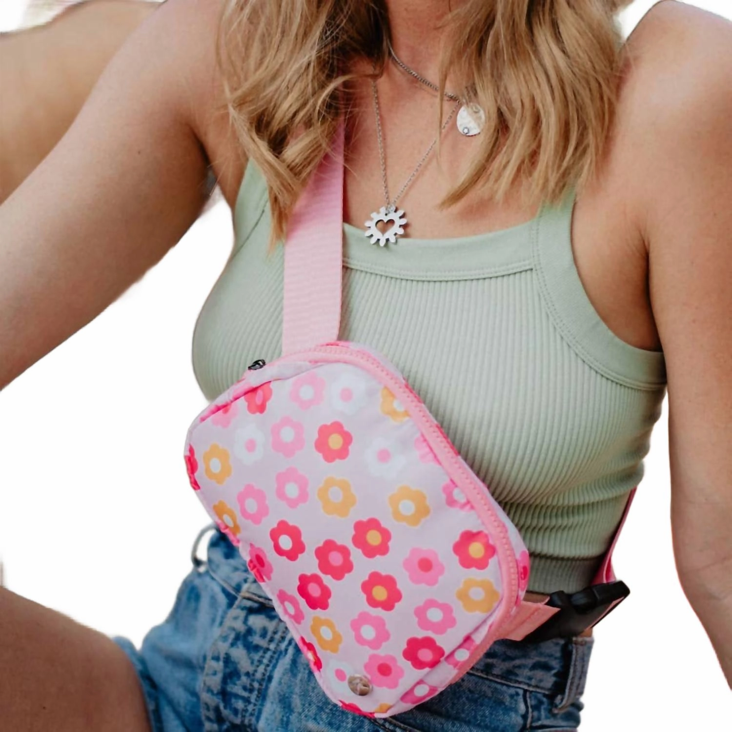 Women's Groovy Flowers Belt Sling Bag Crossbody Bag In Light Pink