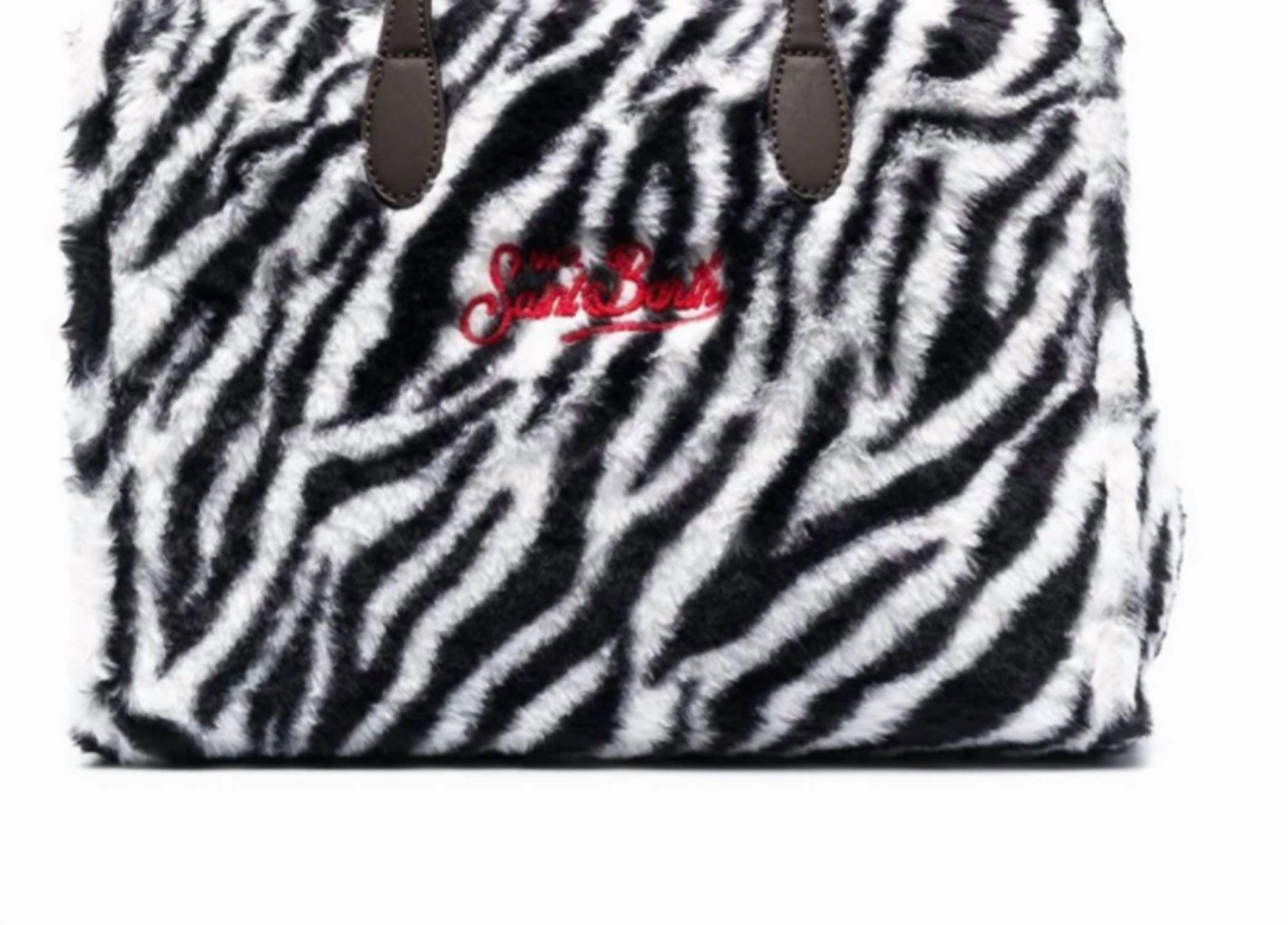 Women's Zebra Print Wool Leather Tote Handbag In Black White
