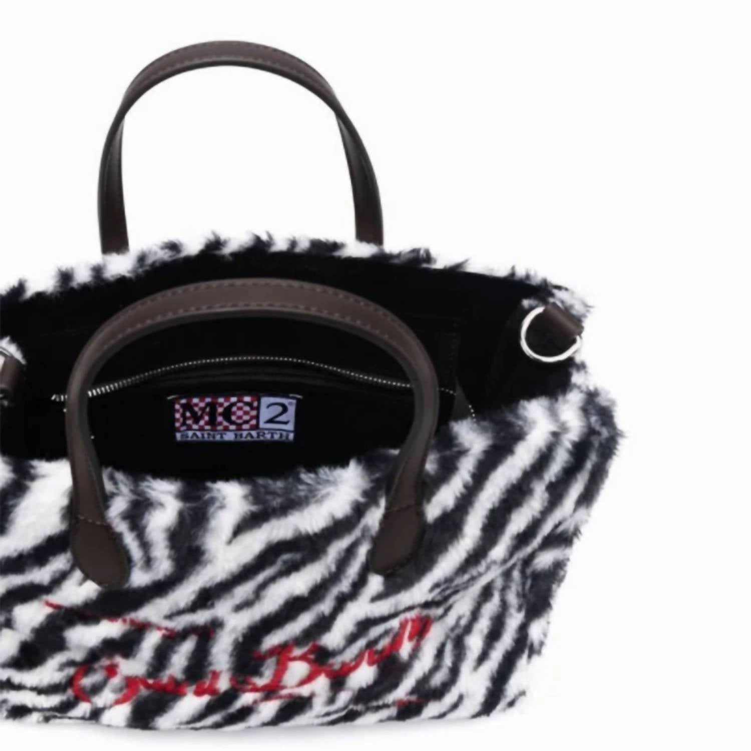 Women's Zebra Print Wool Leather Tote Handbag In Black White