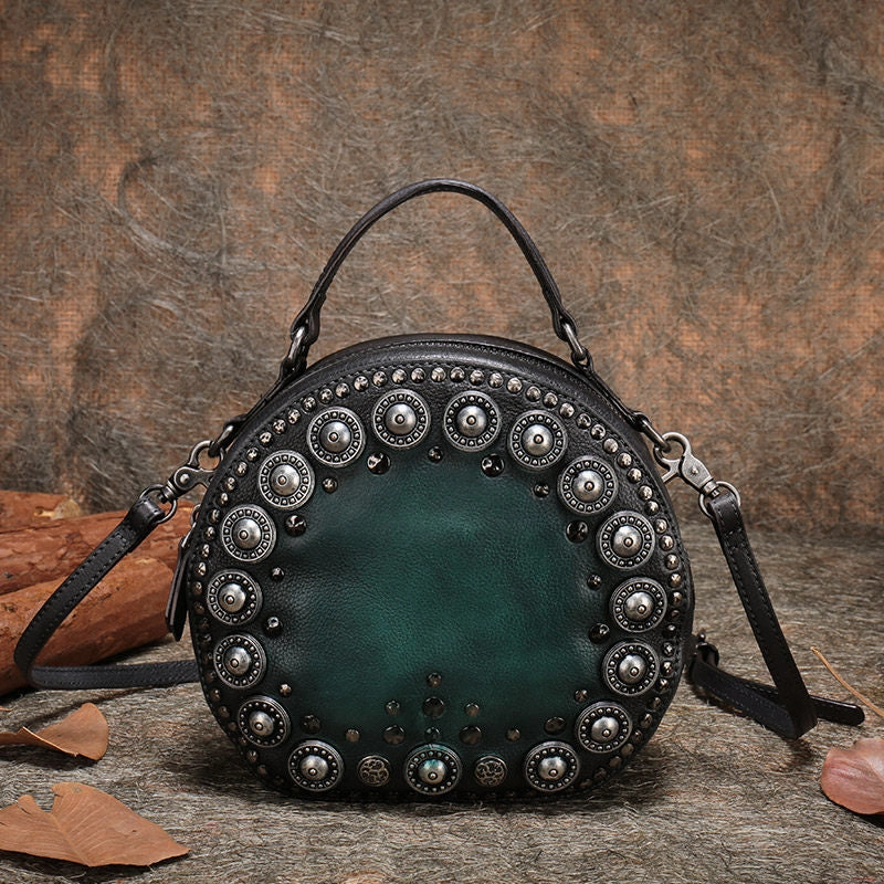 Womens Gray Leather Round Handbag Purses Rivet Round Handmade Shoulder Bag Crossbody Handbag for Women