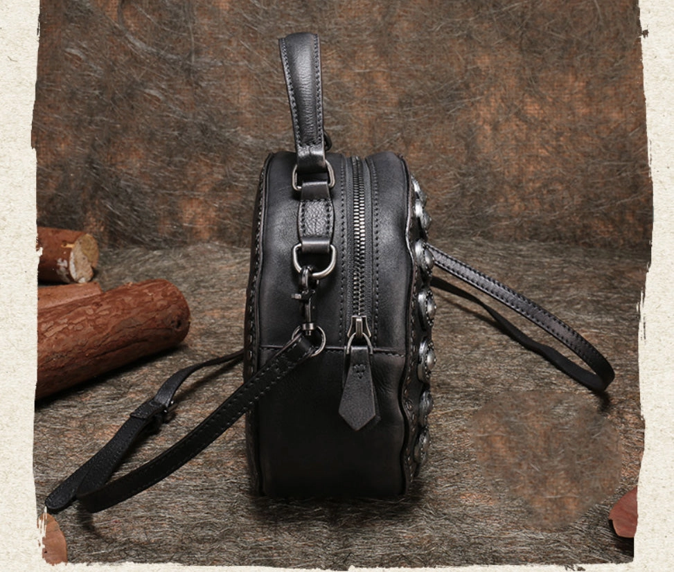 Womens Gray Leather Round Handbag Purses Rivet Round Handmade Shoulder Bag Crossbody Handbag for Women