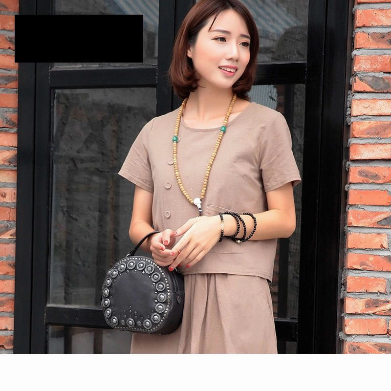 Womens Gray Leather Round Handbag Purses Rivet Round Handmade Shoulder Bag Crossbody Handbag for Women