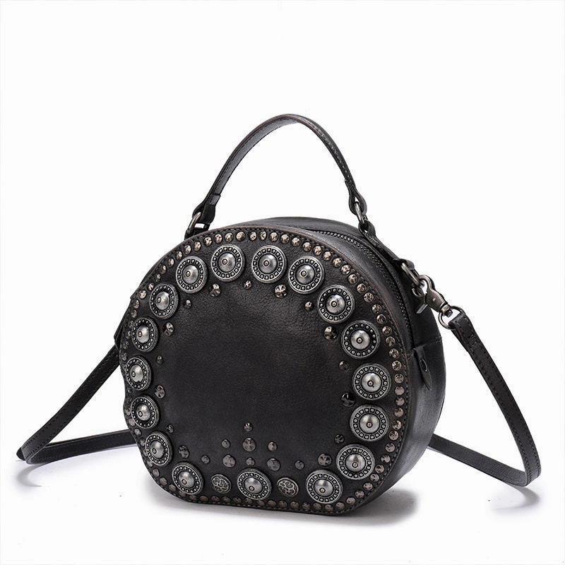 Womens Gray Leather Round Handbag Purses Rivet Round Handmade Shoulder Bag Crossbody Handbag for Women