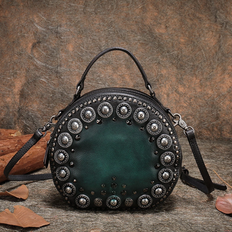 Womens Gray Leather Round Handbag Purses Rivet Round Handmade Shoulder Bag Crossbody Handbag for Women