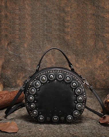 Womens Gray Leather Round Handbag Purses Rivet Round Handmade Shoulder Bag Crossbody Handbag for Women