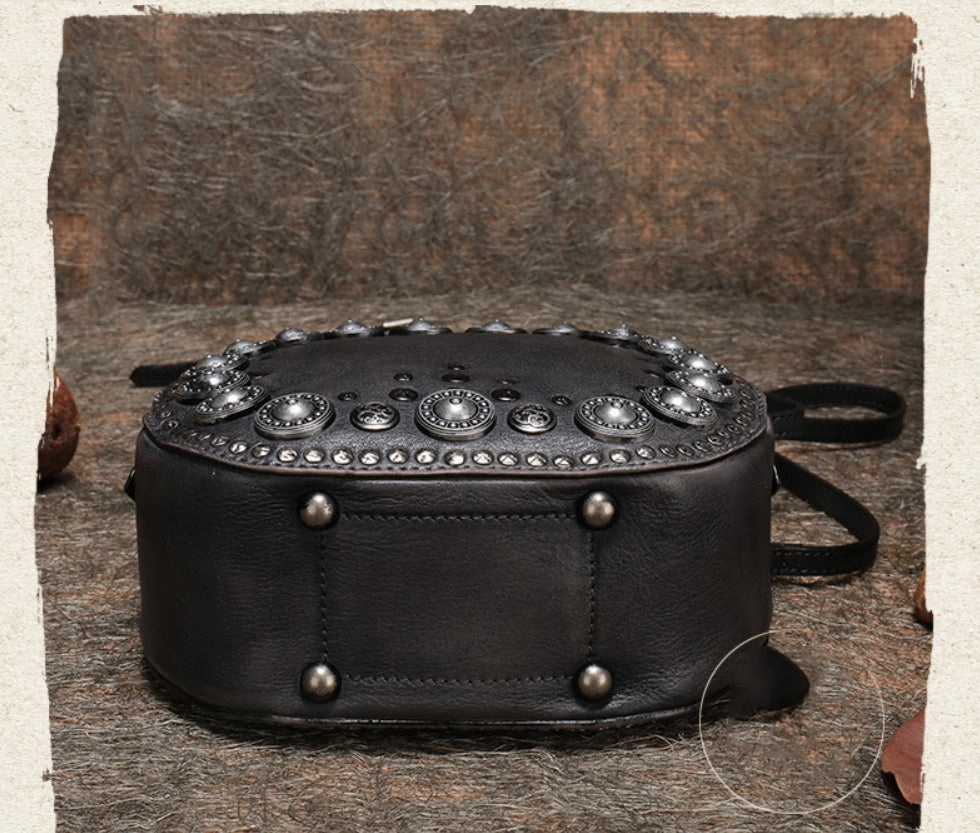 Womens Gray Leather Round Handbag Purses Rivet Round Handmade Shoulder Bag Crossbody Handbag for Women