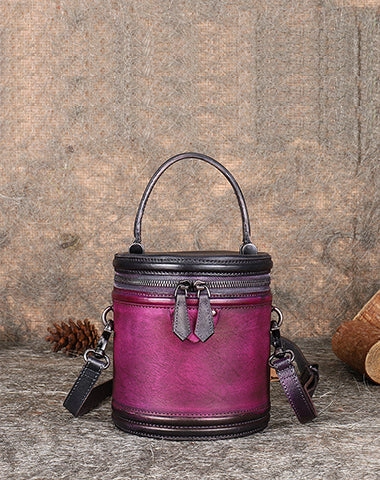 Womens Leather Barrel Handbag Purses Vintage Handmade Round Shoulder Bag Bucket Crossbody Handbag for Women