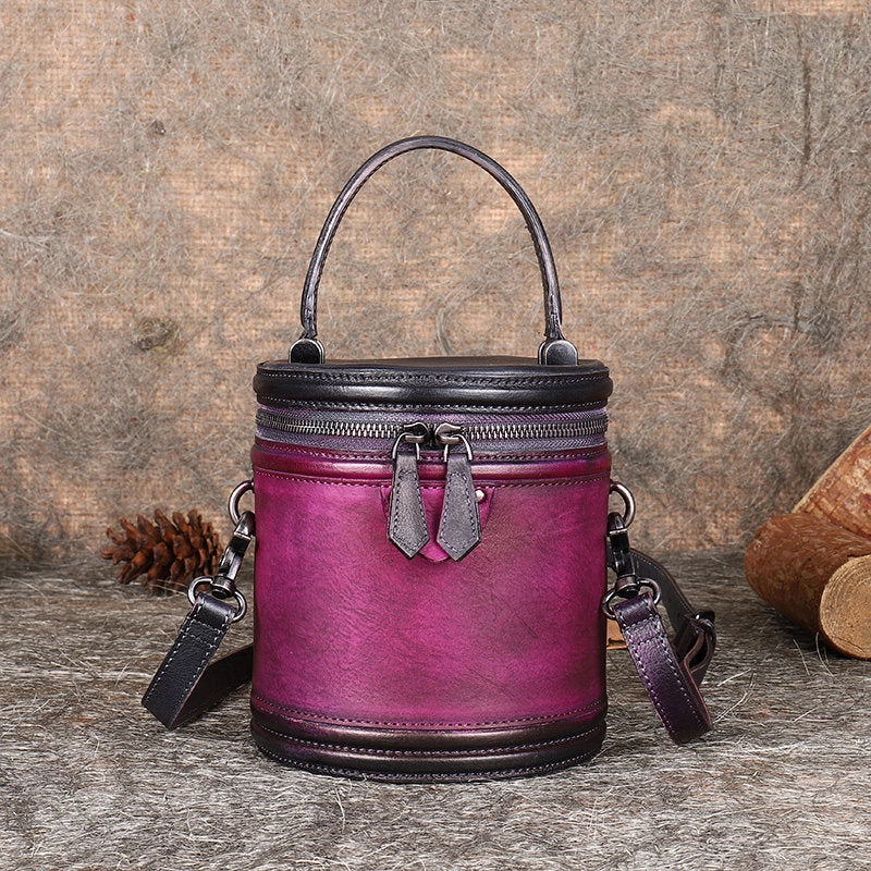 Womens Leather Barrel Handbag Purses Vintage Handmade Round Shoulder Bag Bucket Crossbody Handbag for Women