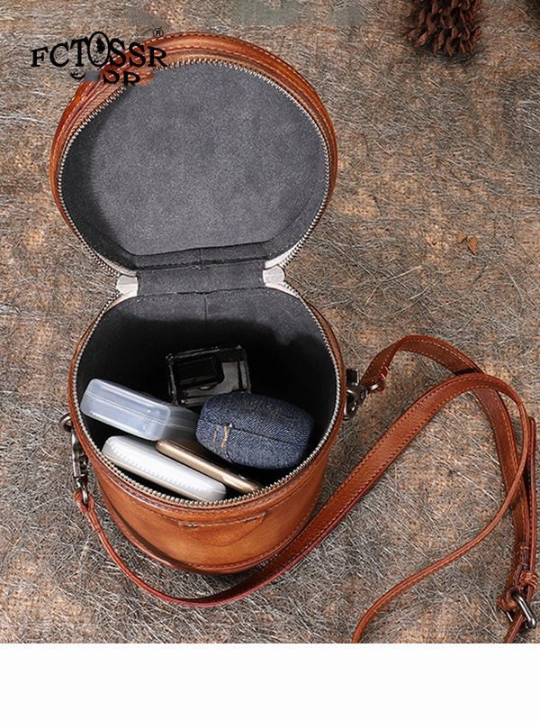Womens Leather Barrel Handbag Purses Vintage Handmade Round Shoulder Bag Bucket Crossbody Handbag for Women