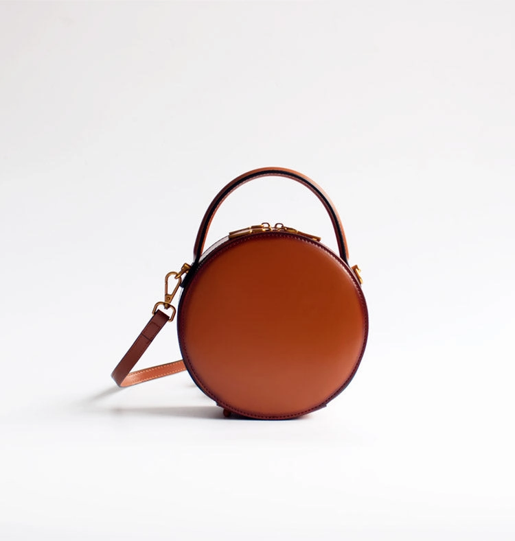 Womens Red Leather Small Round Handbag Crossbody Purse Round Shoulder Bag for Women