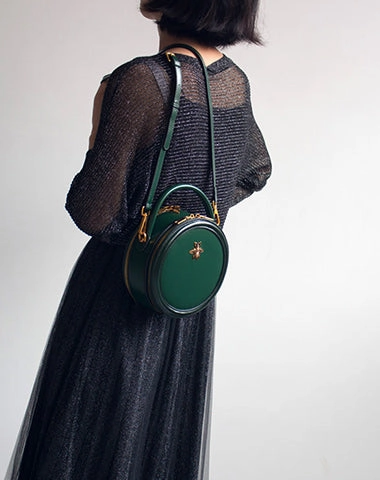 Womens Red Leather Small Round Handbag Crossbody Purse Round Shoulder Bag for Women