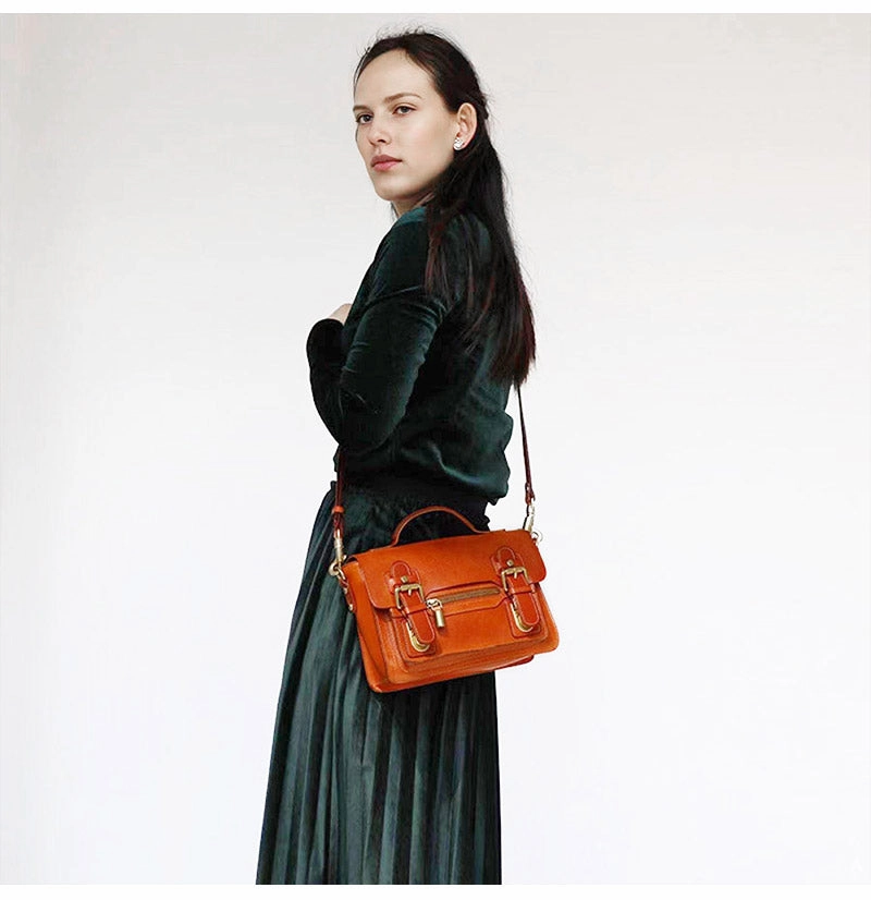 Womens Small Leather Satchel Crossbody Bag Vintage School Handbags Shoulder Bag for Ladies