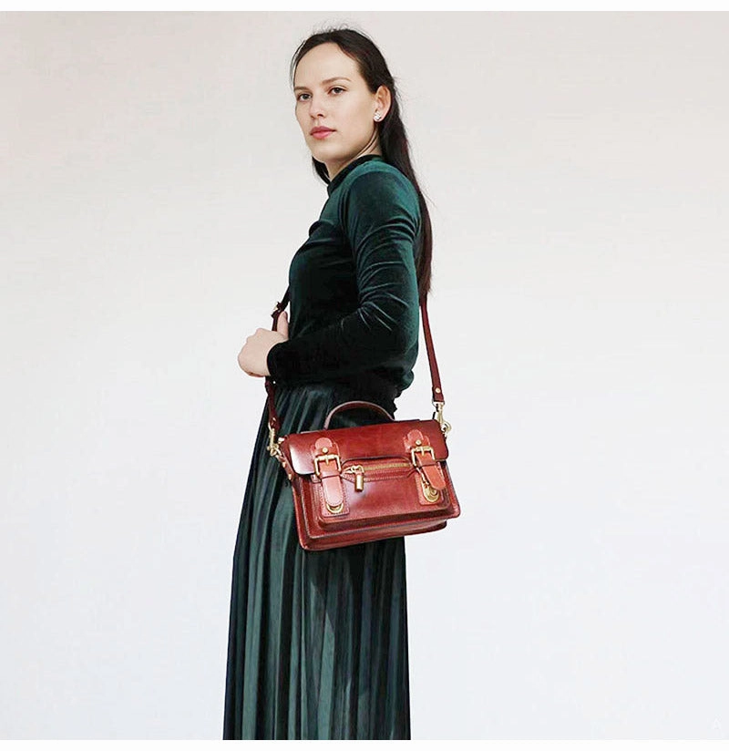 Womens Small Leather Satchel Crossbody Bag Vintage School Handbags Shoulder Bag for Ladies