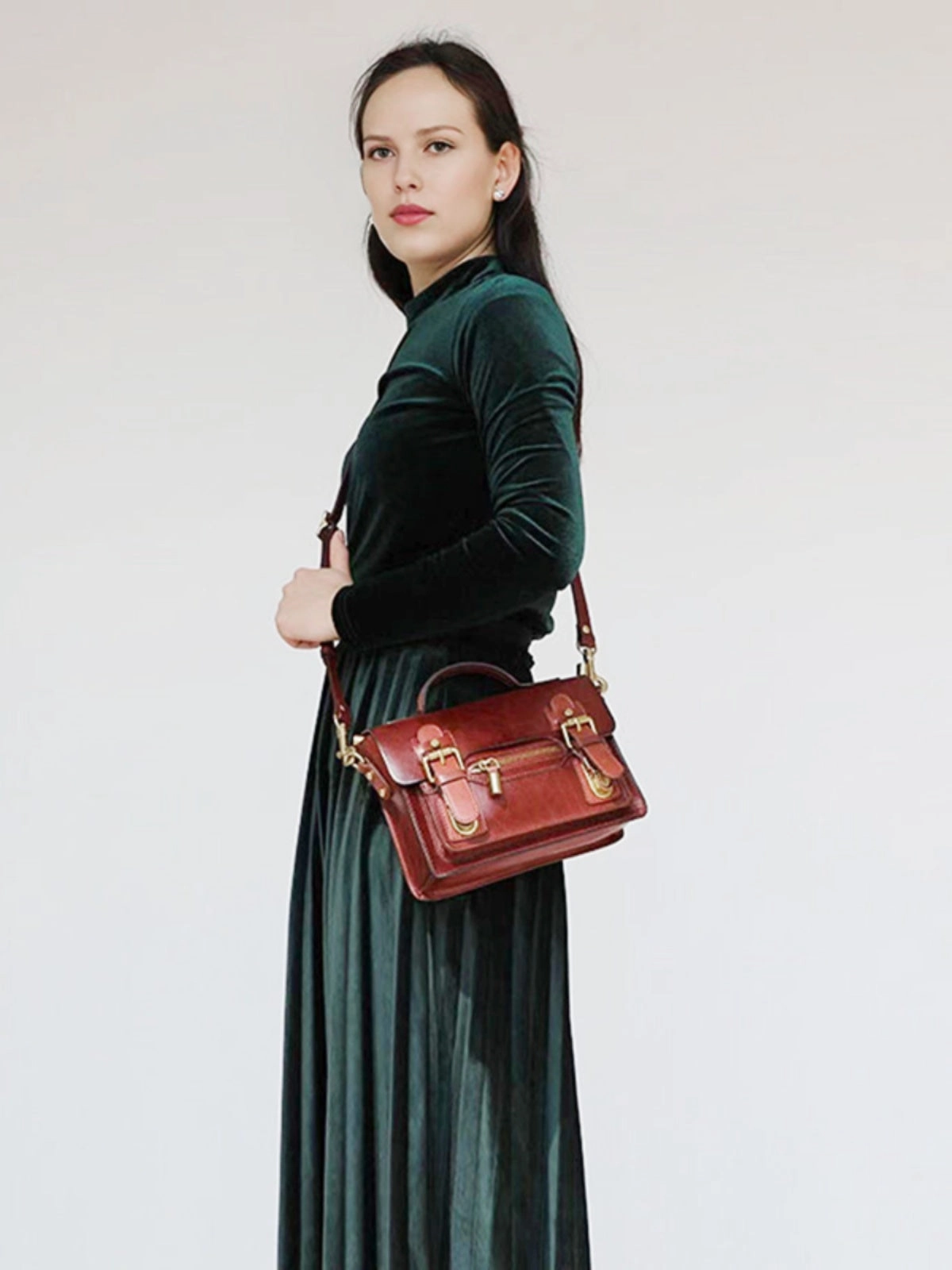 Womens Small Leather Satchel Crossbody Bag Vintage School Handbags Shoulder Bag for Ladies