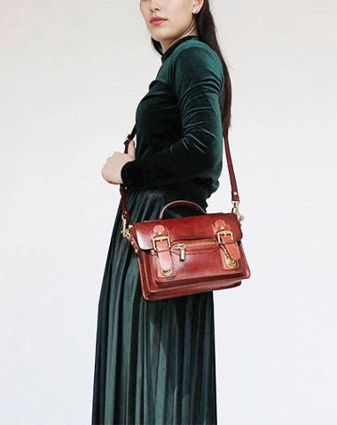 Womens Small Leather Satchel Crossbody Bag Vintage School Handbags Shoulder Bag for Ladies
