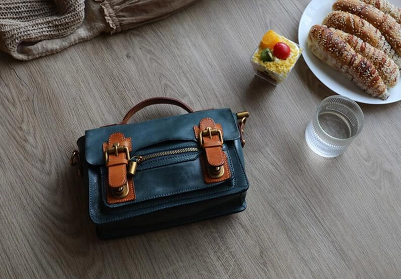 Womens Small Leather Satchel Crossbody Bag Vintage School Handbags Shoulder Bag for Ladies