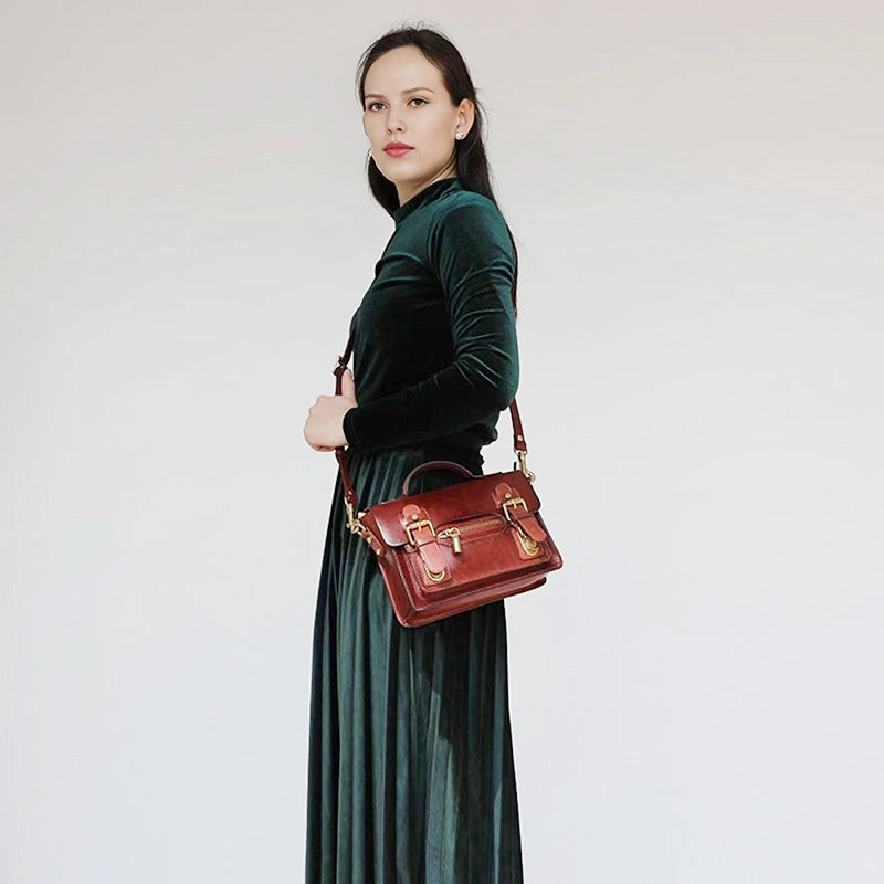 Womens Small Leather Satchel Crossbody Bag Vintage School Handbags Shoulder Bag for Ladies
