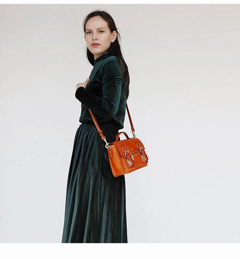 Womens Small Leather Satchel Crossbody Bag Vintage School Handbags Shoulder Bag for Ladies