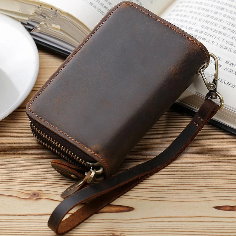 Zipper Leather Key Wallet Mens Leather Car Key Fob Wallet Leather Key Holder Wallet