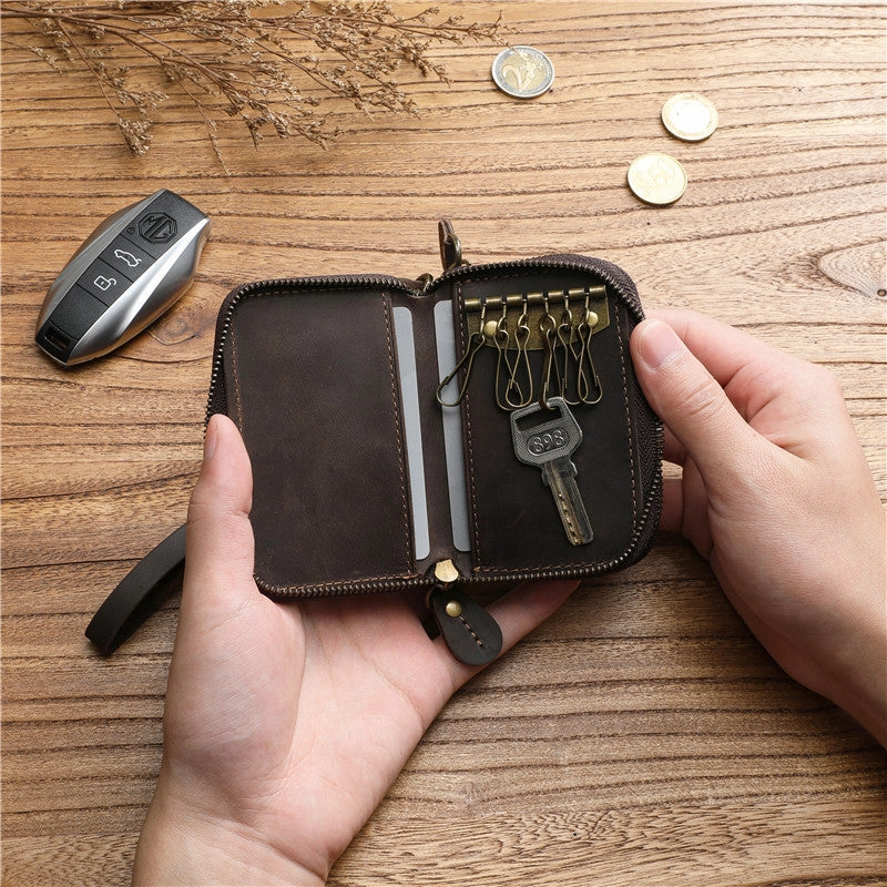 Zipper Leather Key Wallet Mens Leather Car Key Fob Wallet Leather Key Holder Wallet
