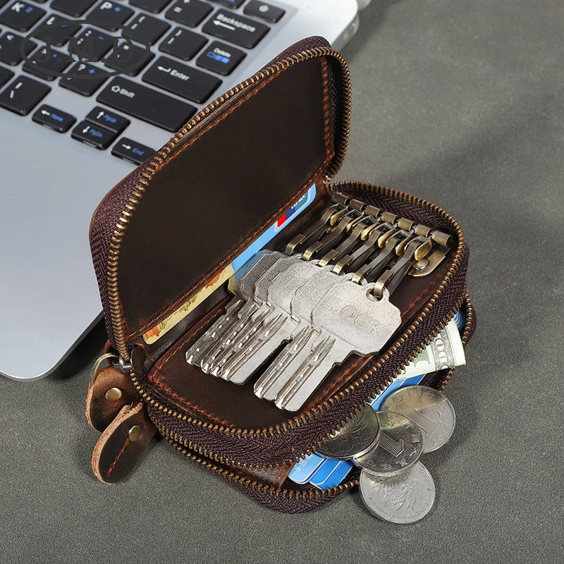 Zipper Leather Key Wallet Mens Leather Car Key Fob Wallet Leather Key Holder Wallet