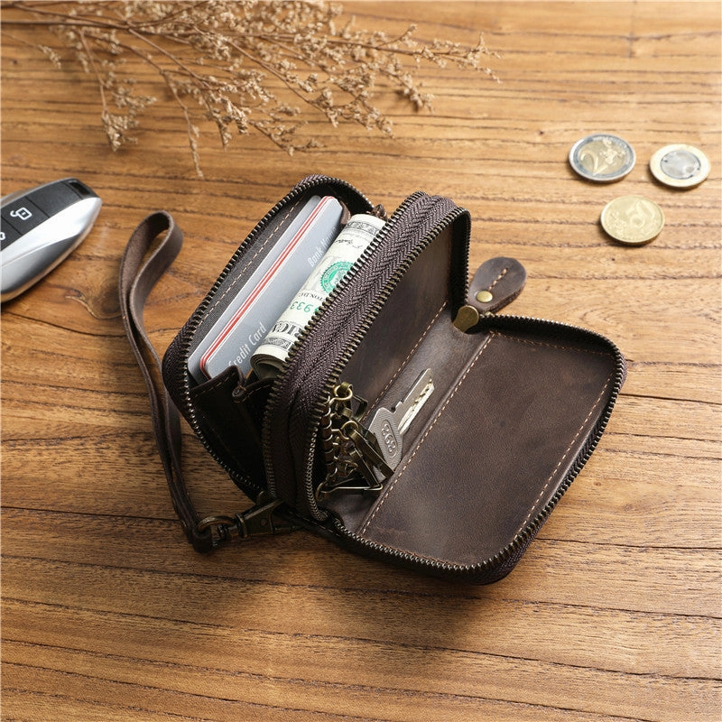 Zipper Leather Key Wallet Mens Leather Car Key Fob Wallet Leather Key Holder Wallet