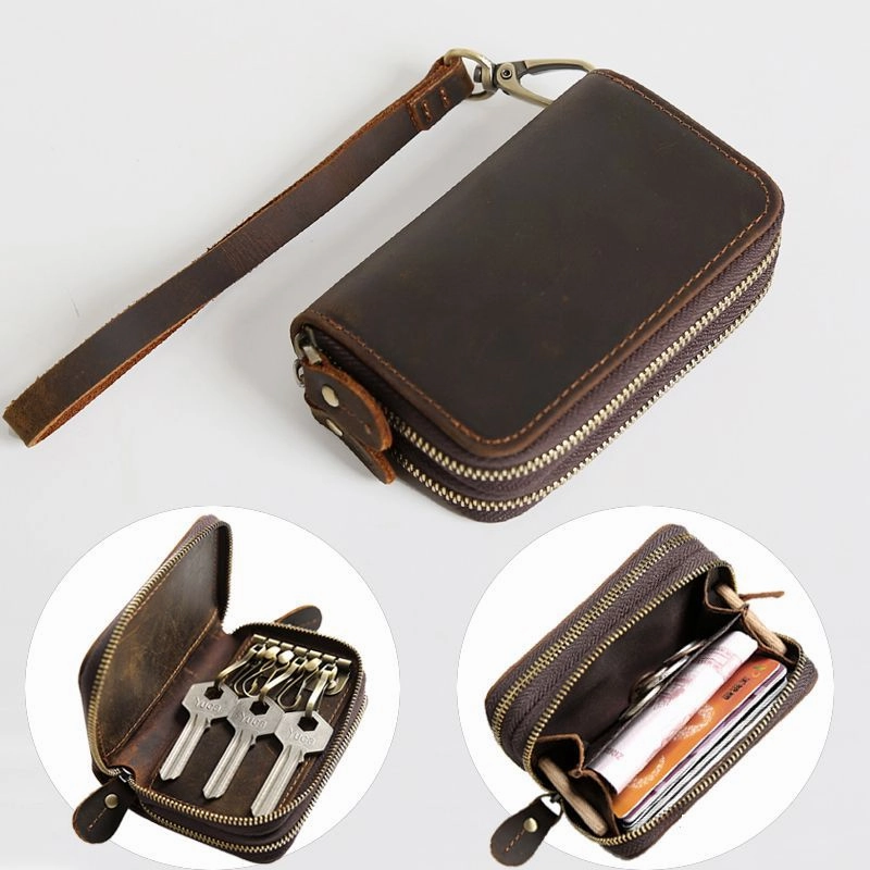 Zipper Leather Key Wallet Mens Leather Car Key Fob Wallet Leather Key Holder Wallet