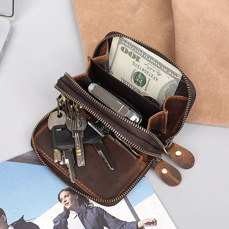 Zipper Leather Key Wallet Mens Leather Car Key Fob Wallet Leather Key Holder Wallet